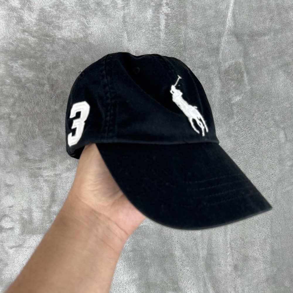 Polo Ralph Lauren #3 Big Pony Hat Cap Adjustable Leather Strap Black Cotton